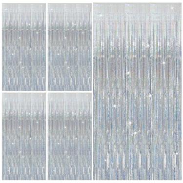 Imagem de Pacote com 5 serpentinas prateadas com glitter, decorações de festa, cortinas de franja, Natal, aniversário, despedida de solteira, artigos de decoração de casamento