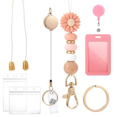 Imagem de Molain Conjunto de cordão de contas fofas para professores, cordão separatista com 2 carretel retrátil de crachá e 3 porta-cartões de identificação, cordão de margarida, presentes para mulheres