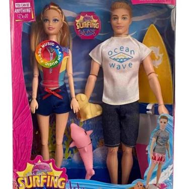 Imagem de Brinquedo Boneca e Boneco Casal Tipo Barbie Ken Surfista Com Acessório