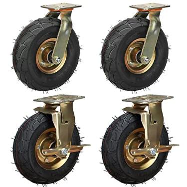 Imagem de Rodízios de borracha resistentes, pacote com 4 - rodas pneumáticas de 20 e 25 cm com freios, substituição de alta elasticidade para carrinho de móveis, bancada de trabalho e equipamentos