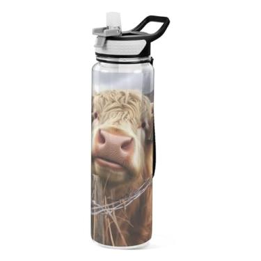 Imagem de Burbuja Garrafa de água Scottish Cattle de 940 ml com tampa de palha, à prova de vazamento e livre de BPA para academia, esportes ao ar livre