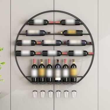 Imagem de Rack de vinho de ferro preto - Suporte de parede redondo para garrafas de bebidas e taças de vinho - Solução de armazenamento elegante para decoração de casa, cozinha, sala de estar e bar.