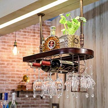 Imagem de Rack de vinho pendurado rack de vinho com cristal, barra de teto de metal ajustável, suporte de vidro e vinho montado na parede, suporte de garrafa de ferro, prateleira de vinho, suporte organizador