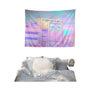 Imagem de Tapeçaria De Parede Estilo Vaporwave Anos 80 Com Desenho De Gato, Deco