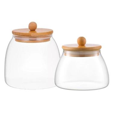Imagem de Kit 3 Potes Herméticos de Vidro Bolinha com Tampa de Bambu Porta Manti
