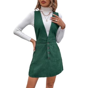 Imagem de Milumia Vestido feminino com botões de veludo cotelê e frente cruzada nas costas com bolso, Verde escuro, PP