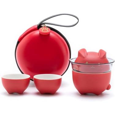 Imagem de Conjunto de chá gaiwan portátil com saco/estojo, conjunto de chá de coelho fofo para um, bule chinês gongfu com xícaras de chá, conjunto de chá para um de viagem de cerâmica, vermelho
