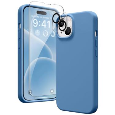 Imagem de GONEZ Capa compatível com iPhone 15, capa de silicone líquido com [3 protetores de tela + 3 projetores de lente de câmera], forro de microfibra macio antiarranhões à prova de choque capa protetora para telefone de 6,1 polegadas, azul lago