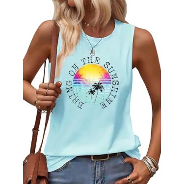 Imagem de Camiseta regata feminina On Cruise Time coqueiro para férias de verão, sem mangas, casual, praia, praty, camiseta estampada, Azul claro, P