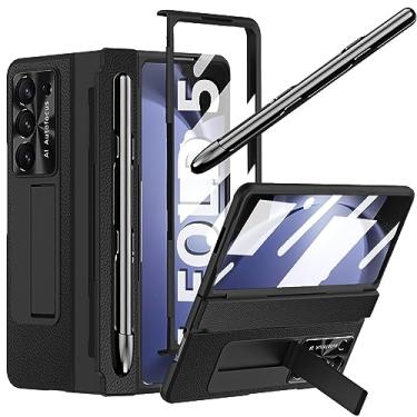 Imagem de YQODSZ Capa para Samsung Galaxy Z Fold 5 com S Pen e suporte de caneta pastável, capa de uma peça Design Z Fold 5 com proteção de dobradiça Protetor de tela integrado Capa fina de couro de luxo para Z Fold 5 preta