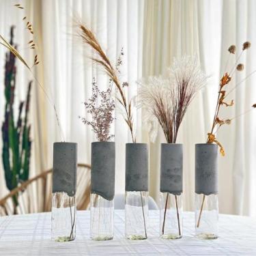 Imagem de kit 5 vasos de vidro concreto cilíndrico para flores plantas - Multitu