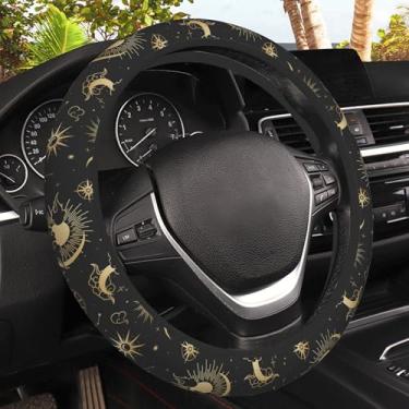 Imagem de Capa de volante com nuvens mágicas com lua, protetor de volante elástico antiderrapante para sol e estrelas, decoração de interior automotivo para mulheres e meninas, universal de 38 cm, adequado para