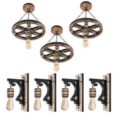 Imagem de Kit Luminárias Roda De Carroça E Arandelas Colonial Madeira - Delenha 
