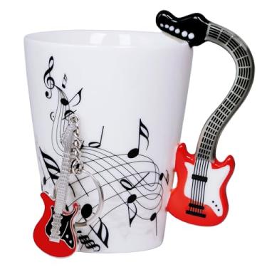 Imagem de Caneca de café com nota musical de guitarra vermelha - cerâmica de 382 g, presente para músicos, chaveiro de guitarra incluído