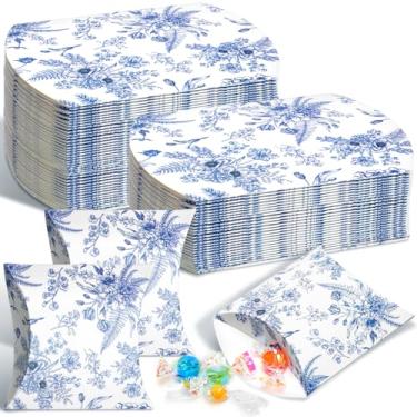 Imagem de Moinchore 100 caixas de travesseiro florais azuis de papel kraft, caixas de presente, lembrancinhas de festa de casamento, azul, floral, doces, decoração para casamento, bebê, chá de panela, artigos