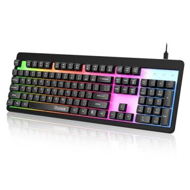 Imagem de RECCAZR- Teclado para jogos com retroiluminação LED Rainbow, teclado para jogos de PC multimídia com sensação mecânica de tamanho completo 104, teclado de escritório anti-ghosting, teclas resistentes