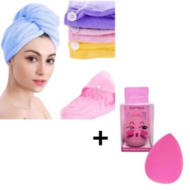 Imagem de Kit Toalha Mágica,Toalha seca cabelo e Esponja de Maquiagem