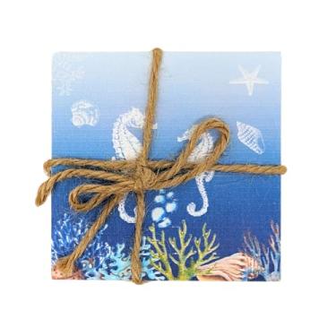 Imagem de Porta-copos náuticos de madeira cavalo-marinho – Conjunto de porta-copos costeiros de 4 peças com corda para mesa de centro, bar e cozinha – Decoração rústica do oceano, realce de casa de praia –