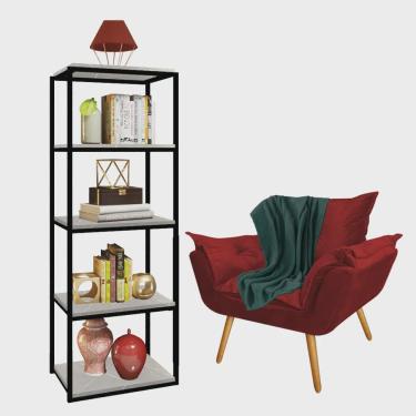 Imagem de Kit Poltrona Fatte com Manta Soft Verde e Estante Livreiro Ferro Preto mdf Marmorizado Cinza Suede Vermelho - Ahz Móveis