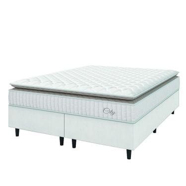 Imagem de Cama Box Colchão Casal Queen Molas Ensacadas City Pillow Top 158x198x61cm Linho Branco / Bege Hellen - Suporta até 110kg por Pessoa
