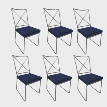 Imagem de Kit 06 Cadeiras Sala de Jantar Escritório Office Clark Industrial Ferro Cinza Suede Azul Marinho - Ahz Móveis