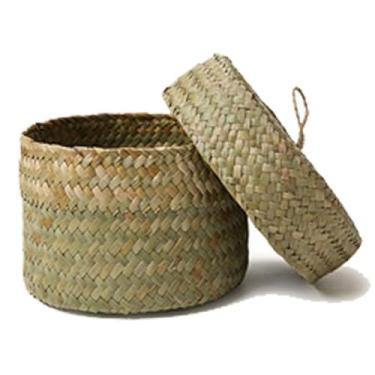 Imagem de Cesta de armazenamento de algas marinhas, 2 cestas redondas de alga marinha, cestas de armazenamento com tampas, cesta pequena de 12 x 9 cm para prateleiras de despensa e armários