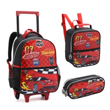 Imagem de Kit Mochila De Rodinhas + Lancheira + Estojo Duplo Carros Denlex