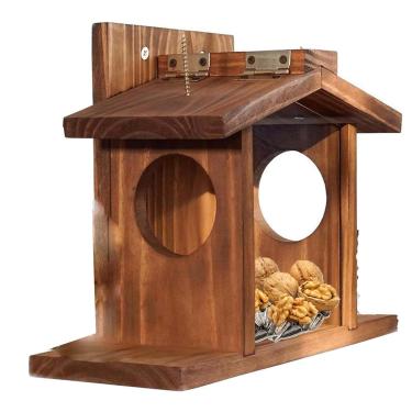 Imagem de Caixa alimentadora de esquilos de madeira, decoração de jardim externo, estação de alimentação de esquilos pendurada com cobertura de telhado, suporte de milho de esquilos de madeira, caixa de estação