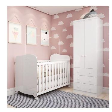 Imagem de Quarto De Bebê Com Guarda Roupa 2 Portas E Berço Teka 100% Mdf Espresso Móveis Branco Brilho