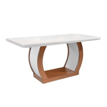 Imagem de Mesa para Cozinha Jade + Tampo Madeirado Vidro Curvo 180x90cm Imbuia/Off White - Rufato