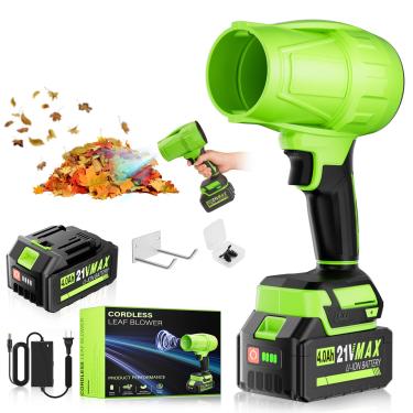 Imagem de Soprador de folhas elétrico portátil sem fio – soprador portátil de 40.0000 RPM com baterias e carregador de 4,0 Ah, espanador de ar leve de velocidade variável para limpeza de neve, gramado, pátio e