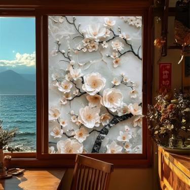 Imagem de HOMETITUTE Película decorativa floral para janela, 78 x 128 cm, adesivo de privacidade com flor branca, vitral para porta de banheiro, escritório, sala de estar, janela de vidro deslizante, decoração