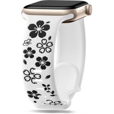 Imagem de Wepro Pulseira branca com gravação floral: para Apple Watch Series 10, 42 mm, 9, 8, 7, 41 mm, SE 6, 5, 4, 40 mm, 3, 2, 1, 38 mm - Pulseira de silicone macio com flores fofas, à prova d'água