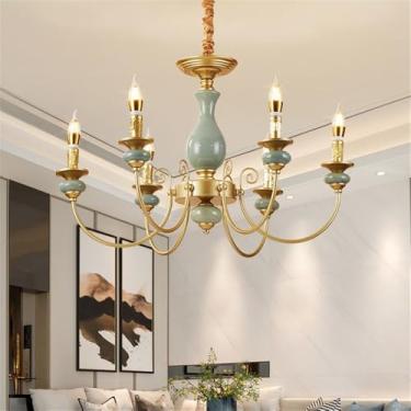 Imagem de OUFULA Vela Europeia Candelabro LED Americana Retro Cerâmica Sala de Estar Restaurante Quarto Estudo Villa Hotel Café Lâmpada Pendente (J 6 Luzes)