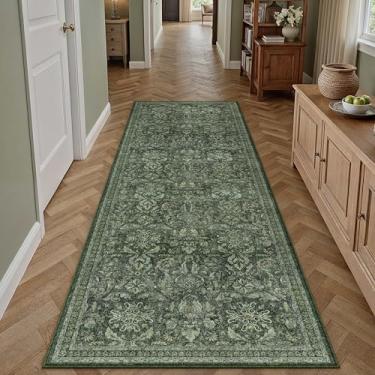 Imagem de PureCozy Tapete de corredor verde escuro 5 x 15 cm lavável corredor cozinha tapete vintage antiderrapante pequeno camada baixa fino quarto banheiro tapete retro acento jogue lavanderia sala de estar