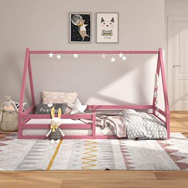 Imagem de IDIMEX Cama Montessoriana Infantil Menina Solteiro 88x188 Madeira Maciça Casa Estrado Sila cor Rosa