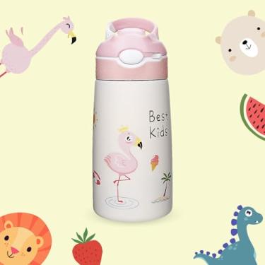Imagem de Garrafa térmica infantil com canudo e trava de segurança antivazamento, Garrafinha aço inoxidável, 400ml, desenho Flamingo - LionLemon Store