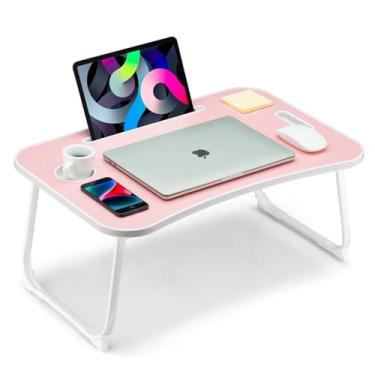 Imagem de VIFOCAE Mesa de colo dobrável, mesa para laptop, mesa de colo portátil, mesa de cama para laptop com suporte de copo e compartimento para tablet e alça de elevação para trabalhar, escrever, desenhar e