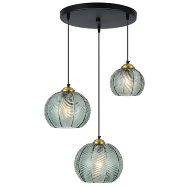 Imagem de LBSQJ Luzes pendentes de vidro verde cinza ilha cozinha 3 tamanhos diferentes de globo de vidro soprado luz pendente 3 luzes pingente moderno lustre de sala de estar para sala de jantar