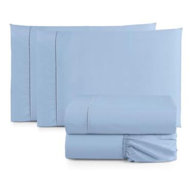 Imagem de Jogo de Lençol Queen 4 Peças Micropercal 400 Fios Ponto Palito – Toque Macio Premium Hotel, Antiácaro e Não Faz Bolinha, Conforto e Elegância (Azul)