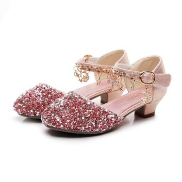Imagem de TANDEFLY Sapatos sociais femininos com salto – Sandálias de bico fechado com lantejoulas brilhantes para casamento, festa, florista (bebês/crianças pequenas/grandes), Lantejoulas rosas, 4.5 Big Kid