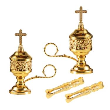 Imagem de Queimador de incenso dourado com pinça – Conjunto de 2 peças para incenso de incenso de carvão e aromaterapia, ioga, spa, decoração de casa e uso de igreja – Suporte Bakhoor compacto e durável