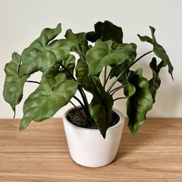 Imagem de Planta Artificial Decorativa Anturios com Folhas Verdes em Vaso Cerâmico Branco, Decoração para Casa e Escritório