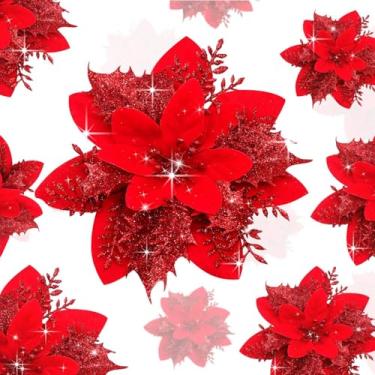 Imagem de 10 peças de flores artificiais de Natal com clipes de haste, decoração de árvore de Natal, poinsétias com glitter, flor sintética para guirlanda de guirlanda de ano novo, enfeites de festa de
