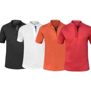 Imagem de Kit 4 Camisas Gola Padre Masculina Slim - MT Clothing, P, Preto, Branc