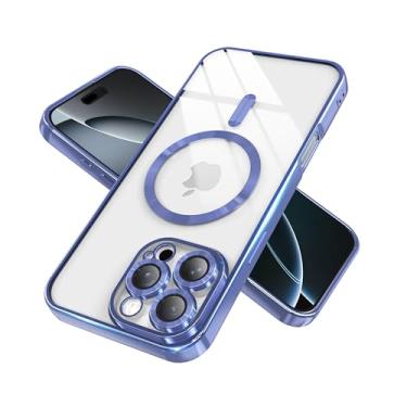Imagem de BOBULIER Capa transparente magnética para iPhone 16 Pro Max com capa de câmera completa | Compatível com MagSafe | TPU antiamarelamento e moldura brilhante, ajuste fino à prova de choque - azul