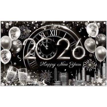 Imagem de ZTHMOE Tecido 183 x 109 cm 2026 feliz ano novo pano de fundo preto prata glitter fogos de artifício balões champanhe fotografia fundo celebração festa decorações foto banner