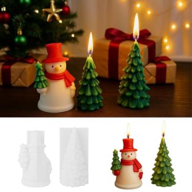 Imagem de 2 peças de moldes de silicone 3D de bonecos de neve e velas de árvore, moldes de silicone de origami para resina epóxi, vela de argila, sabonete, cera, concreto, moldes de enfeite de Natal exclusivos
