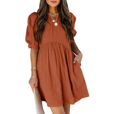 Imagem de Dokotoo Babydoll feminino de verão com gola redonda, manga bufante, elegante, cintura império, mini vestido patinador com bolsos, 1 Laranja, P