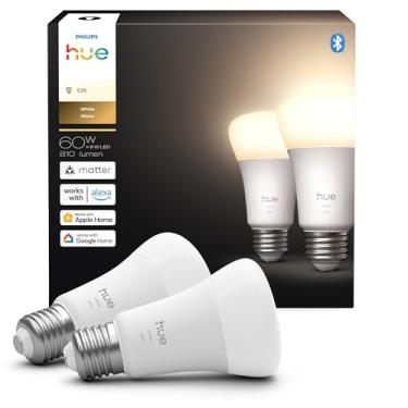 Imagem de Philips Hue Pacote com 2 lâmpadas LED inteligentes A19, branco quente 2700K, base E26, 9W, 810 lúmens, regulável, funciona com Alexa, Google Assistant e Apple Home